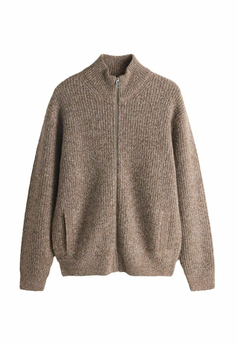 Brown, ribbed knit sweater with a high collar, full front zipper, and two side pockets. Soft texture with a relaxed fit.