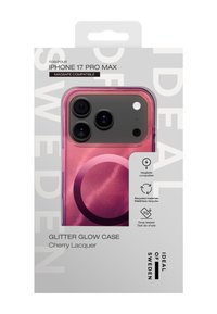 Rosa glittertelefondeksel til iPhone 17 Pro Max. Gjennomsiktig med blank finish, sirkulær aksent og kompatibel med MagSafe. Slippetestet.