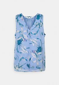 Blouse sans manches bleu clair avec motif floral, dotée d'un décolleté en V, de détails à nouer au dos et d'une texture douce et transparente.