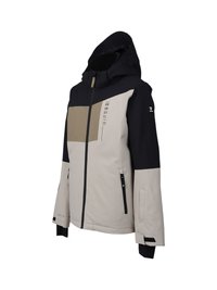 Giacca invernale color block con cappuccio in beige, nero e marrone, dotata di zip frontale, tasche laterali con zip e logo del marchio sul petto e sulla manica.