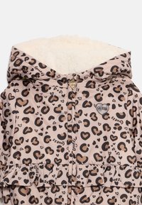 Hooded jacket with beige and brown leopard and heart print, fuzzy white inner lining, front zip with gold triangular pull, and ruffle detail.
