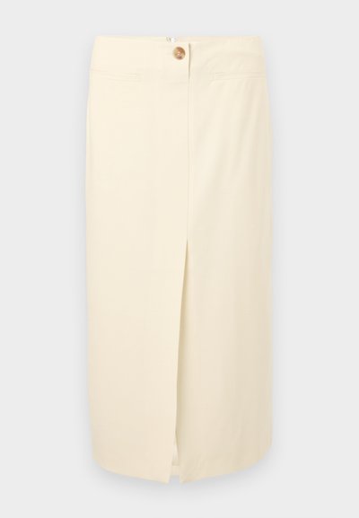 Fustă midi de culoare crem, cu o fanta frontală, închidere cu fermoar și un singur detaliu cu nasture. Fabricată dintr-un material neted, cu accente minimale de cusături.