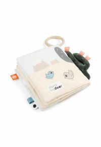 Libro de actividades de tela en colores pastel, con ilustraciones de animales, texturas y un anillo de dentición de madera. Incluye etiquetas de tela.