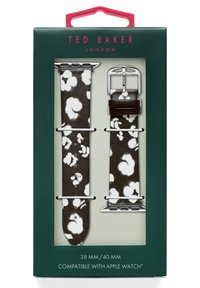 Correa de Apple Watch de cuero marrón con patrón floral blanco, herrajes plateados y empaquetada en una caja verde. Tamaño compatible: 38 mm/40 mm.