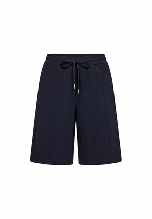 Dunkelblaue knielange Shorts mit elastischem Bund und vorderem Kordelzug, mit vertikalen Nahtdetails an jedem Bein.