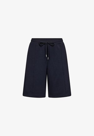 Temno modre kratke hlače do kolen z elastičnim pasom in sprednjo vrvico, z navpičnimi šivnimi detajli na vsaki hlačnici.