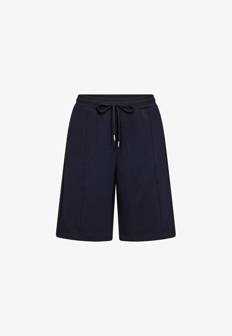 Shorts bleu marine arrivant aux genoux avec une ceinture élastique et un cordon de serrage à l'avant, présentant des détails de coutures verticales sur chaque jambe.