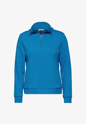 Felpa blu con colletto alto, chiusura a metà zip sul davanti e polsini a costine. Presenta un dettaglio cucito sulla manica sinistra. Realizzata in tessuto morbido.