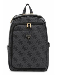 Sac à dos en tissu noir présentant un design à motifs avec un motif en losange, des éléments en métal doré, deux compartiments zippés et une poignée supérieure.