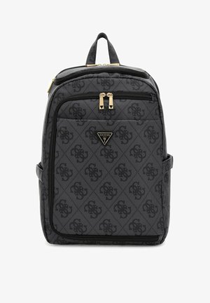 Sac à dos en tissu noir présentant un design à motifs avec un motif en losange, des éléments en métal doré, deux compartiments zippés et une poignée supérieure.