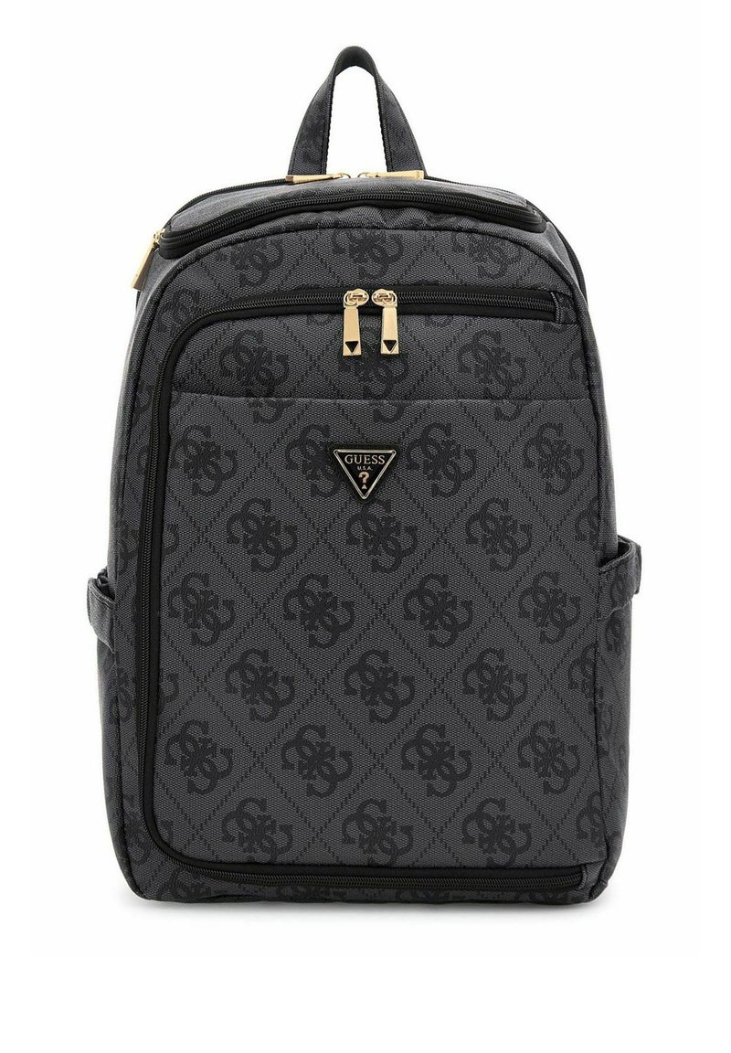 Sac à dos en tissu noir présentant un design à motifs avec un motif en losange, des éléments en métal doré, deux compartiments zippés et une poignée supérieure.