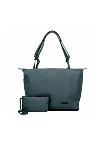Sac fourre-tout en nylon gris avec deux poignées et une petite pochette amovible. Texture lisse, design minimaliste et fermeture zippée. Accent de marque noir.