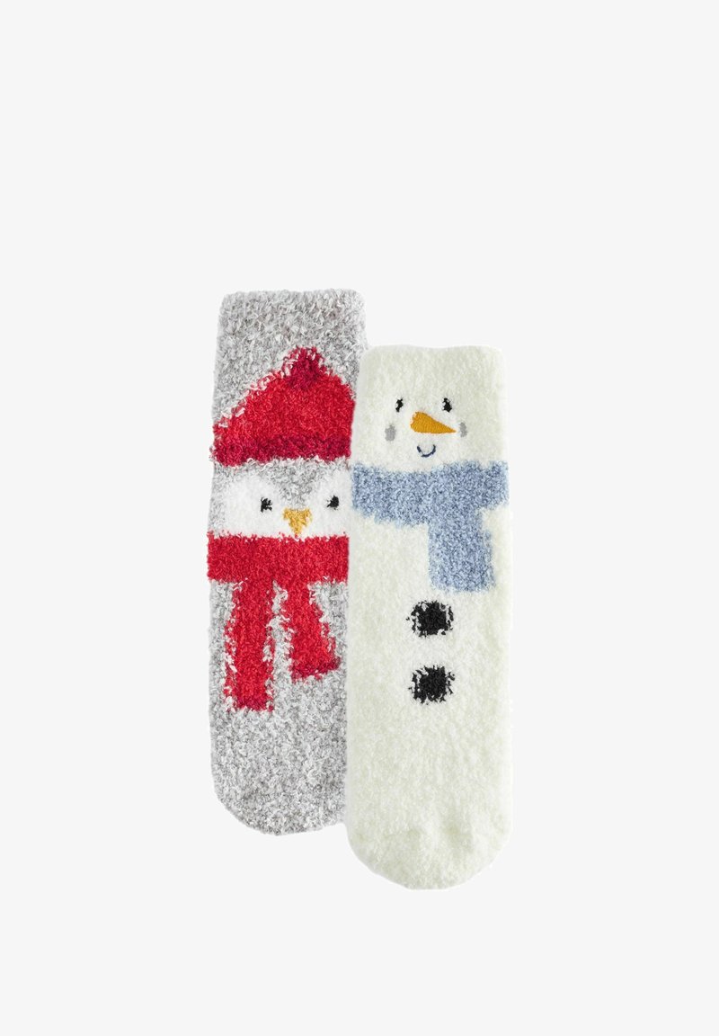 Bolyhos zoknik, az egyik zoknin szürke hóember piros sapkával és sállal, a másikon pedig fehér hóember kék sállal.