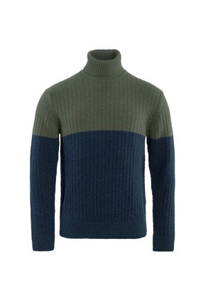 Knitted turtleneck sweater featuring a green and navy blue color block design, textured surface, and ribbed cuffs and hem.