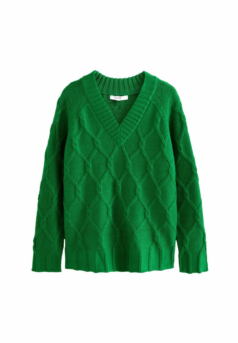 Maglione verde lavorato a maglia con scollo a V, maniche lunghe e un motivo a diamante texturizzato su tutta la superficie. Polsini e orlo a coste.