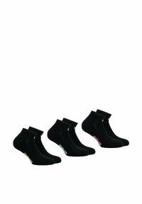 Chaussettes noires à la cheville en ensemble de quatre, avec des logos colorés en rose et bleu sur les bordures. Fabriquées en tissu extensible et respirant.