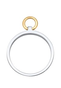 Llavero circular de plata con un acabado suave, que presenta un lazo redondo dorado. Diseño elegante, minimalista y con colores contrastantes.