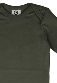 Olive green long-sleeve bodysuit made of soft cotton, featuring a ribbed texture and snap closures at the shoulder for easy dressing.