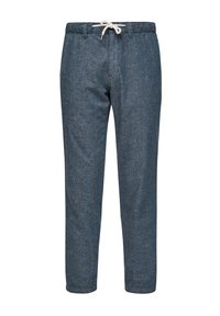 Modré kalhoty na šňůrku vyrobené z lehkého materiálu, s volnočasovým designem a zúženými nohavicemi a hladkým povrchem.