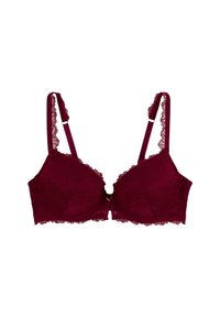 Soutien-gorge en dentelle bourgogne avec des coques rembourrées, motif floral, bretelles réglables et bords festonnés. Comprend un petit détail décoratif à l'avant.