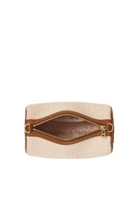 Woven cosmetic pouch in light beige with brown leather accents and gold zipper details. Interior features a logo pattern.
