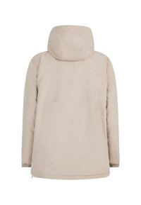 Beige Kapuzenjacke mit lässiger Passform, ausgestattet mit elastischen Bündchen und einer glatten Textur. Keine sichtbaren Verschlüsse oder Muster auf der Rückseite.