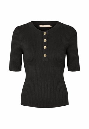Čierny rebrovaný pletený top s krátkym rukávom, guľatým výstrihom a štyrmi dekoratívnymi zlatými gombíkmi na prednej légii.