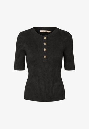 Sort ribstrikket top med korte ærmer, rund halsudskæring og fire dekorative guldknapper på frontlåget.
