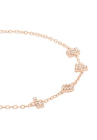 Halskette aus Roségold mit verknüpftem Kettendesign, das fünf kleine, funkeltende, kreuzförmige Akzente mit klaren Kristallen verziert.