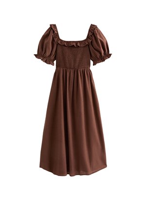 Brązowa sukienka midi z bufiastymi krótkimi rękawami, kwadratowym dekoltem z falbankami, marszczonym gorsetem i marszczoną spódnicą.