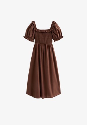 Vestido midi marrón con mangas cortas abullonadas, escote cuadrado con volantes, cuerpo fruncido y falda recogida.