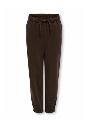 Mørkebrune joggingbukser med elastisk talje og snøre, tilspidsede ben med elastiske manchetter, lagt fladt på hvid baggrund.