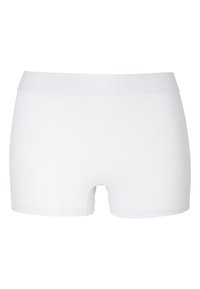 Witte katoenen modal shorts met een gladde textuur, elastische tailleband en een lengte tot halverwege de bovenbenen. Heeft een ronde uitsparing aan de zoom.
