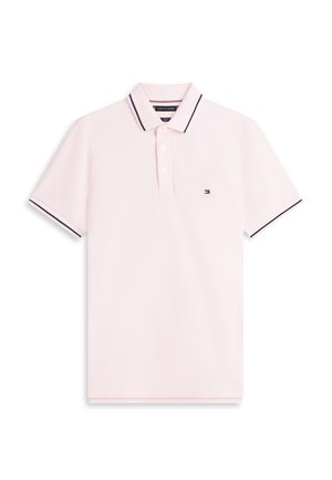 Light pink short-sleeve polo shirt with a collar, three white buttons, and thin navy stripes on collar and sleeve edges.
