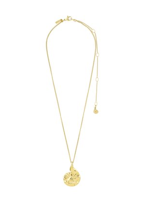 Goldene Halskette mit verstellbarem Verschluss und einem spiralförmigen, muschel-inspirierten Anhänger in der Mitte.