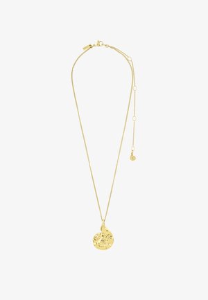 Goldene Halskette mit verstellbarem Verschluss und einem spiralförmigen, muschel-inspirierten Anhänger in der Mitte.