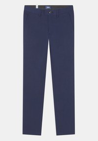 Pantalon slim bleu marine avec fermeture par bouton et zip, poches avant et étiquette à la taille sur fond blanc.