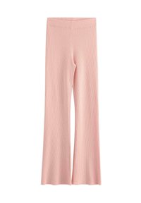 Pantaloni in maglia a coste rosa chiaro con gamba diritta, leggermente svasata e vita elasticizzata, distesi su uno sfondo bianco.