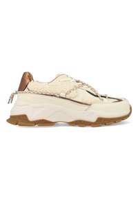 Futuristische Sneakers mit einem cremfarbenen Synthetik-Obermaterial, akzentuiert von beigefarbenem Kunstfell, braunen Details und einer strukturierten Gummisohle mit Grip.