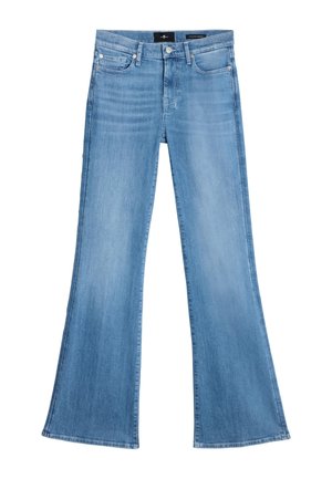 Lichtblauwe denim flared jeans met een hoge taille, vijf zakken en contrasterende stiknaden; gladde textuur en een brede pijpopening aan de zoom.