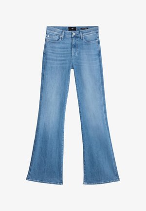 Lichtblauwe denim flared jeans met een hoge taille, vijf zakken en contrasterende stiknaden; gladde textuur en een brede pijpopening aan de zoom.