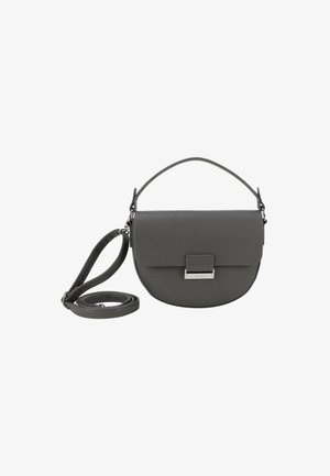 Borsa a tracolla grigia in pelle con forma circolare, chiusura a pattina, accessori in argento e tracolla regolabile. Dettagli della superficie testurizzata.