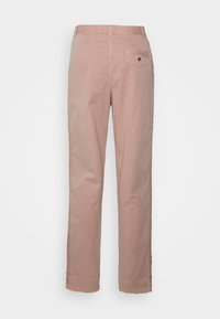 Pantaloni rosa chiaro in cotone, con una vestibilità a gamba dritta, tasca posteriore con bottone e linee pulite.