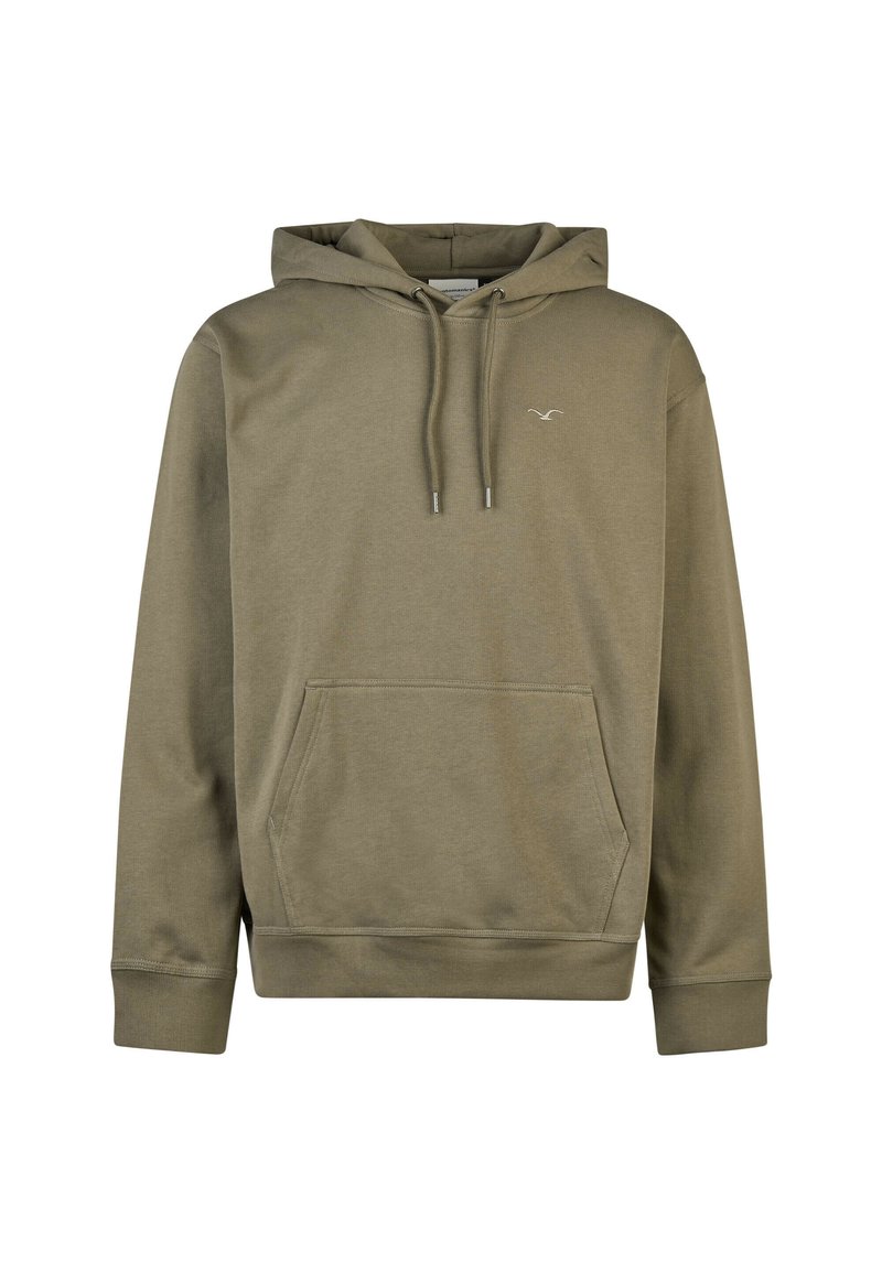Hooded sweatshirt in olive green fabric, featuring a front kangaroo pocket, ribbed cuffs, and a small logo on the chest.