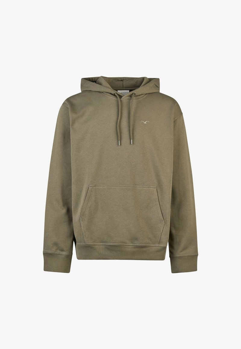 Kapuzensweatshirt aus olivgrünem Stoff, mit einer vorderen Kängurutasche, gerippten Bündchen und einem kleinen Logo auf der Brust.