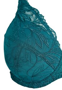 Bra in pizzo teal con ricami floreali, tessuto liscio e bordo scallopato. Presenta una coppa strutturata e spalline regolabili per la vestibilità.