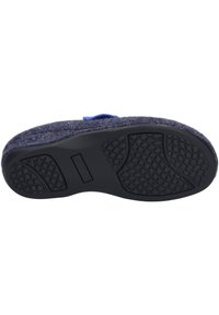 Blue felt slipper with a textured black rubber sole. The sole features a grip pattern for traction. Simple design without additional features.
