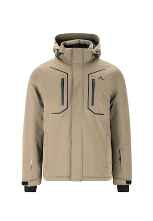 Beige vattentät jacka med huva, med två bröstfickor med dragkedja, svarta accenter och justerbara ärmslut. Slät yttre textur.