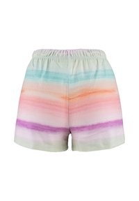 Shorts de algodón con una cinturilla elástica que presentan un patrón degradado de colores pastel: azul verdoso, naranja, rosa y púrpura. Textura suave.