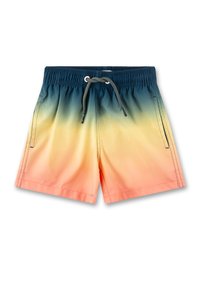 Schwimmshorts im Ombre-Design mit blauen, gelben und korallenfarbenen Farbtönen. Hergestellt aus leichtem Stoff mit einem elastischen Bund und Kordelzug.